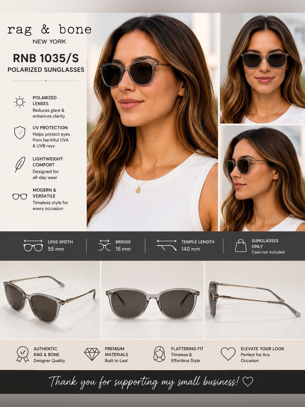 Rag & Bone RNB 1035/S Sunglasses 55-15-140 Polarized 0900 Crystal Gray